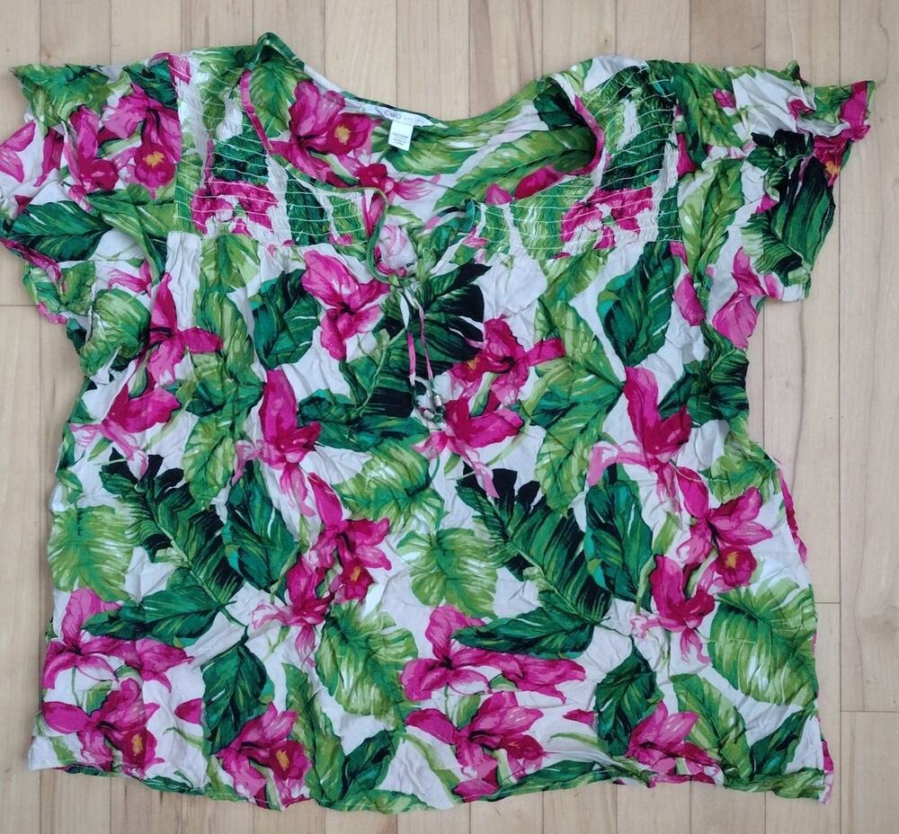 Cato Plus Size 18/20W Tropical Floral Flutter Sleeve Top Pink Green